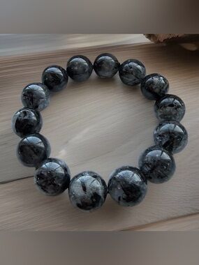 Black Tourmaline in Quartz Bracelet Large Bead Tourmalinated Quartz